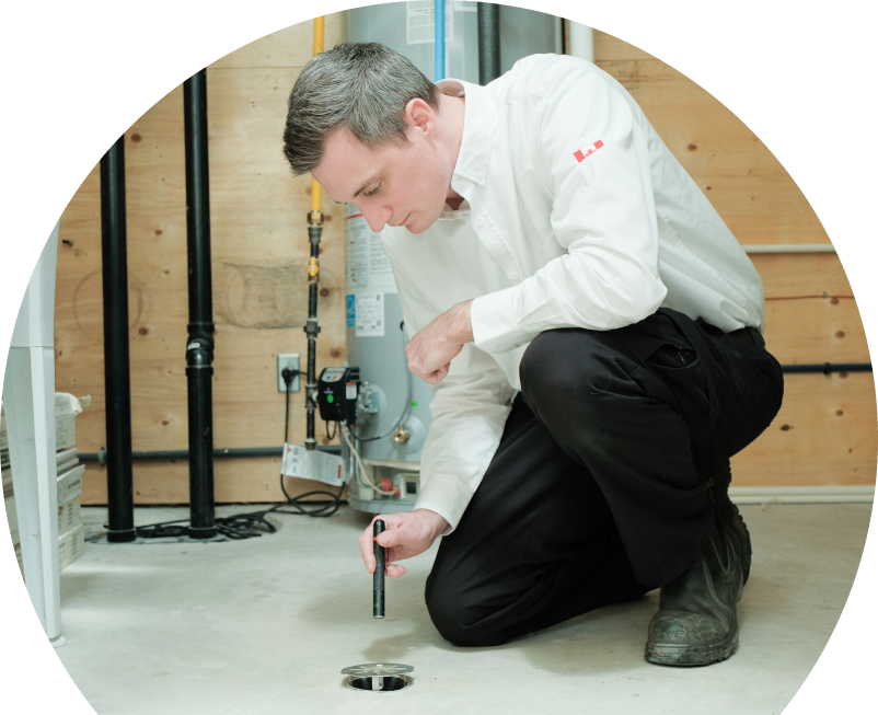 Oosterveld plumbing specialist inspecting a basement floor drain with a flashlight during a drain cleaning service, in a utility room with visible pipes, water heater, and wood panel walls. Oosterveld plumbing specialist inspecting a basement floor drain with a flashlight during a drain cleaning service, in a utility room with visible pipes, water heater, and wood panel walls.