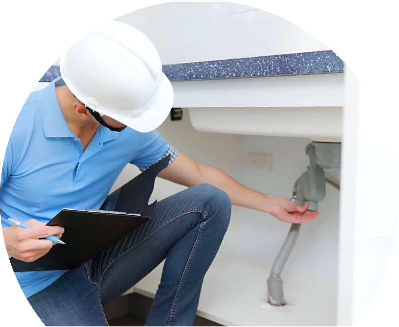 Oosterveld plumbing specialist wearing a white hard hat, blue polo, and jeans, holding a clipboard while inspecting pipes under a sink for a water leak detection check. Oosterveld plumbing specialist wearing a white hard hat, blue polo, and jeans, holding a clipboard while inspecting pipes under a sink for a water leak detection check.