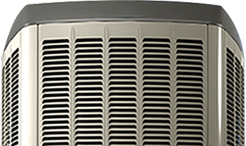 Front view of a Oosterveld HVAC condenser unit with a metallic grille design, shown isolated on a transparent background.